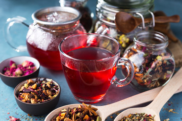 Fresh fruit and herbal tea ,dry leafs  with rose petals. Summer refreshing drink.Dark mood.