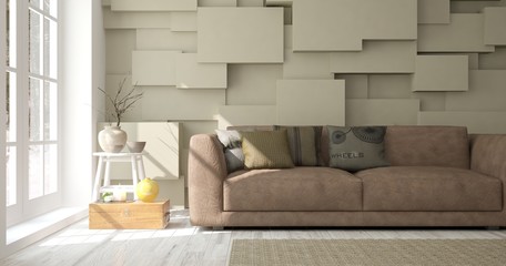 Idea of white minimalist room with sofa. Scandinavian interior design. 3D illustration