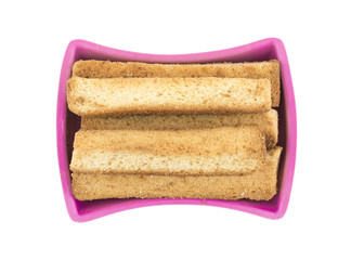 Fototapeta premium Indian Bakery Food Tea Time Sweet Dry Toast Snack Also Know As Indian Toast Snack, Toasted, Bread, Long Toast, Mawa Toast isolated on White Background