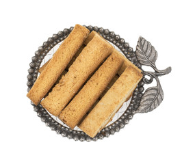 Indian Bakery Food Tea Time Sweet Dry Toast Snack Also Know As Indian Toast Snack, Toasted, Bread, Long Toast, Mawa Toast isolated on White Background