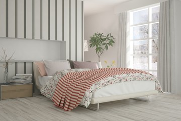 White bedroom with winter landscape in window. Scandinavian interior design. 3D illustration