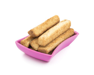 Indian Bakery Food Tea Time Sweet Dry Toast Snack Also Know As Indian Toast Snack, Toasted, Bread, Long Toast, Mawa Toast isolated on White Background