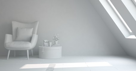 Fototapeta na wymiar White room with armchair. Scandinavian interior design. 3D illustration