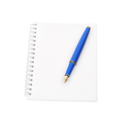 Fountain pen and spiral notebook isolated on white background. 