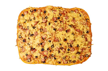 home made pizza with sausages and olives isolated on white background