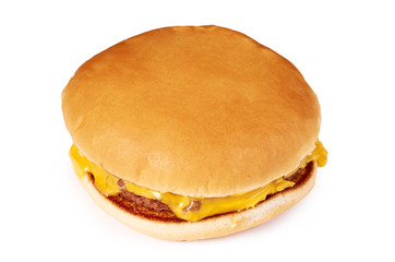 Fresh tasty burger with cheese isolated on white background. Fast food Cheeseburger