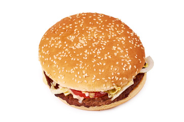 Fresh tasty burger with cheese isolated on white background. Fast food Cheeseburger