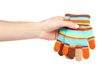 Kid knitted gloves with hand, isolated on white background