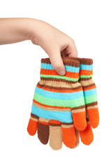 Kid knitted gloves with hand, isolated on white background