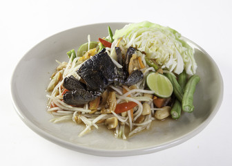 Som tam and chicken grilled rice. Thai food