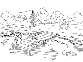 Fishing camping graphic black white landscape sketch illustration vector