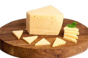 Cheese on a wooden board isolated on white background