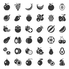 Cute fruit solid icon set, such as orange, kiwi, coconut, banana, papaya, peach, tropical fruits - obrazy, fototapety, plakaty