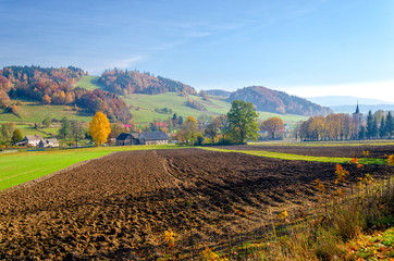 Village in Kaczawskie mountain in Sudety during autumn, Poland