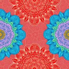 Seamless ethnic pattern with floral motives. Mandala stylized print template for fabric and paper. Boho chic design. Summer fashion.