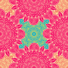 Seamless ethnic pattern with floral motives. Mandala stylized print template for fabric and paper. Boho chic design. Summer fashion.