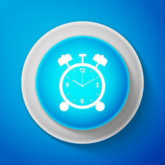 White Alarm clock icon isolated on blue background. Wake up, get up concept. Time sign. Circle blue button with white line. Vector Illustration