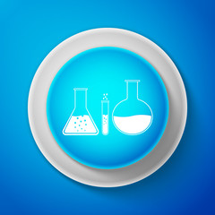 White Test tube and flask - chemical laboratory test icon isolated on blue background. Laboratory glassware sign. Circle blue button with white line. Vector Illustration