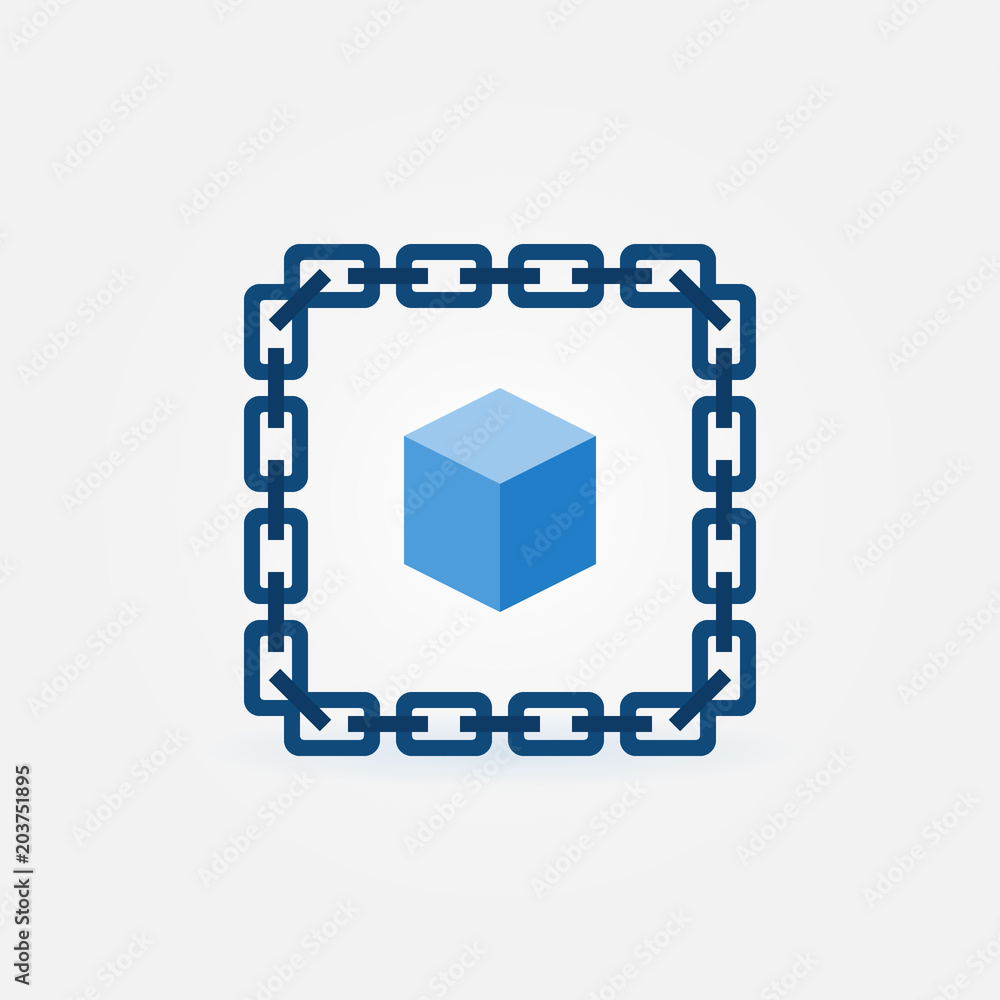 Poster chain with blue cube icon - vector blockchain symbol
