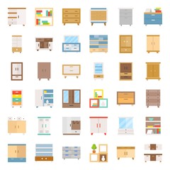 cupboard and cabinet interior furniture, flat icon set