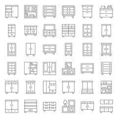 cupboard and cabinet interior furniture, outline icon set - obrazy, fototapety, plakaty