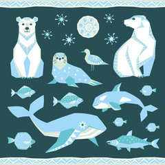 Arctic sea animals set in ethnic style. Colorful vector illustrations isolated on a dark background.