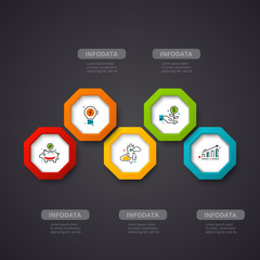 Vector hexagons infographic on a dark background. Can be used for presentation, diagrams, annual report, web design. Business concept with 5 options, steps or processes.