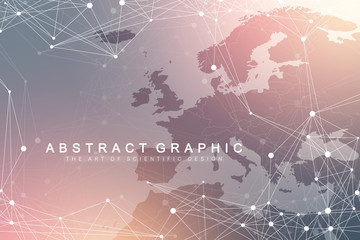 Geometric graphic background communication with Europe Map. Big data complex with compounds. Perspective backdrop. Minimal array. Digital data visualization. Scientific cybernetic vector illustration.