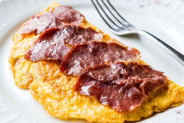Turkish Pastirma or Pastrami with Omelette / Omlet for Breakfast.