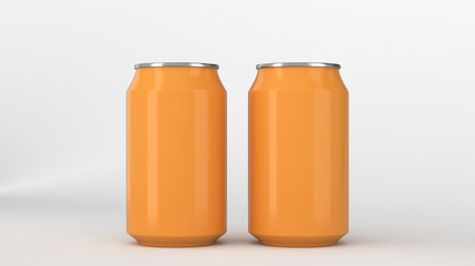 Two small orange aluminum soda cans mockup on white background