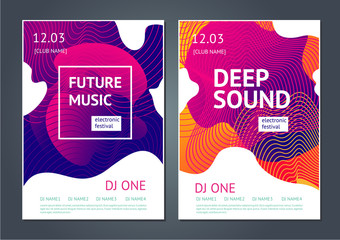 Deep sound. Abstract poster for electronic music festival. Guilloche line and dynamic fluid background.