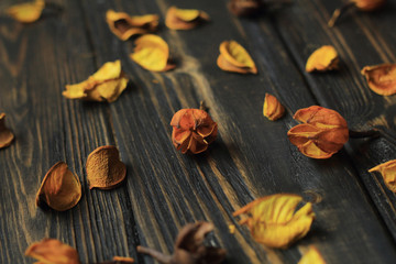 petals of dried flowers on wooden background