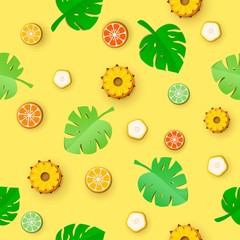 Jungle leaves and citrus fruits in art paper style. Seamless tropical pattern. Exotic tropical jungle rainforest bright green palm monstera leaves and pineapple grapefruit lemon lime banana orange.