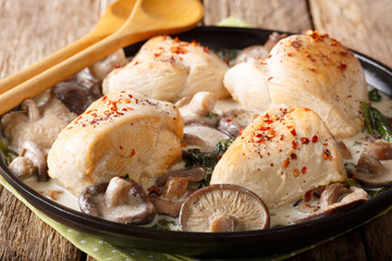 Natural food: chicken with wild mushrooms and spinach in a creamy sauce close-up on a plate. horizontal