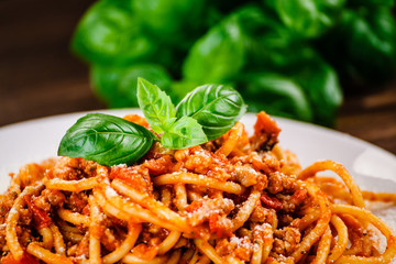 Pasta with meat, tomato sauce and vegetables