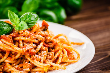 Pasta with meat, tomato sauce and vegetables