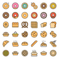 Bread, donut, pie, bakery product, filled outline icon set