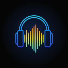 Blue Headphones with sound wave vector outline icon
