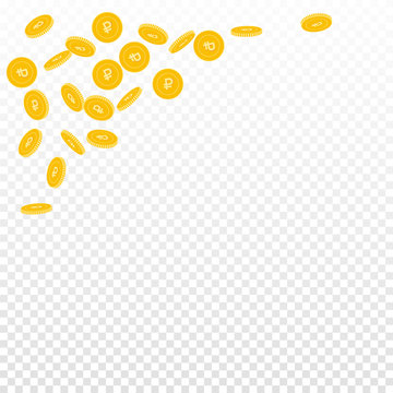 Russian ruble coins falling. Scattered sparse RUB coins on transparent background. Mesmeric top left corner vector illustration. Jackpot or success concept.