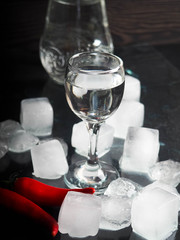a shot of vodka, an alcoholic beverage, next to ice, fire, ice, red chili pepper. The concept of alcohol, spirits
