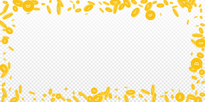 Bitcoin, internet currency coins falling. Scattered disorderly BTC coins on transparent background. Curious wide scattered frame vector illustration. Jackpot or success concept.