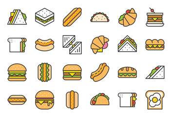 Fast food filled outline icon, such as  Burger and salad, eggs, grilled cheese sandwich, Mexican taco, croissant