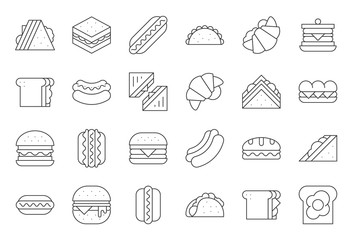 Hamburger, Hotdog, club sandwich, Mexican taco, egg, ham, salad sandwich, croissant, outline icon