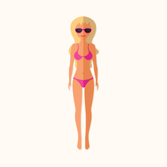 Woman In Bikini On Beach Over, Sexy Girl In swimsuit, Summer Sea, ocean Vacation. Sunbath on hot sand in the tropics. Flat Vector Illustration