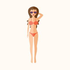 Woman In Bikini On Beach Over, Sexy Girl In swimsuit, Summer Sea, ocean Vacation. Sunbath on hot sand in the tropics. Flat Vector Illustration