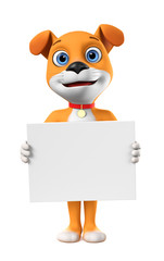 Funny dog holding a blank board on a white background. 3d render illustration.