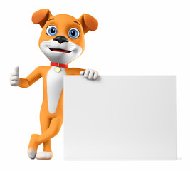 A cheerful dog leans against an empty board and shows a thumbs up on a white background. 3d render illustration.