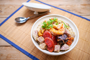 Rice Baked taro, Chinese sausage, Shiitake mushrooms. Asian food