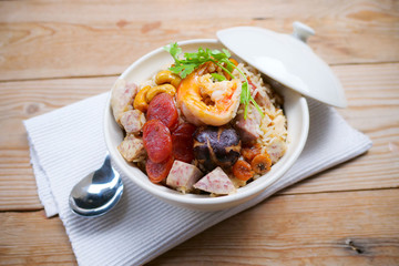 Rice Baked taro, Chinese sausage, Shiitake mushrooms. Asian food