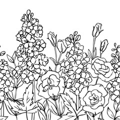 vector contour delphinium eustoma lisianthus rose  flowers bud leaf seamless repeating pattern coloring book